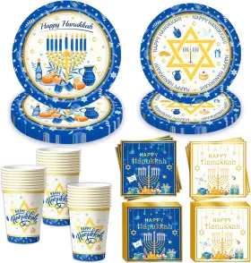 -1 744110636901 96 Pcs Hanukkah Party Tableware Set Includes Plates And Napkins Cups Perfect For