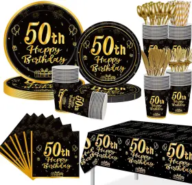 -50th Blackgold 445019492492 Birthday Party Supplies For 24 Guests 193 Pcs Black Gold Disposable Tablew
