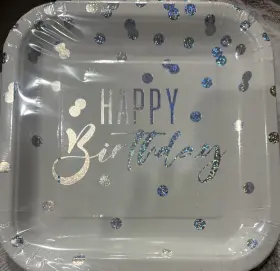 321 Party 011179548958 Happy Birthday 8 Ct Silver Foil Polka Dots Square Paper Dinner Plates - 3/4