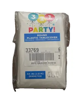 33769 321 Party Reusable White Plastic Table Covers. 33769. 6 Pack. 84 Inch Round. New