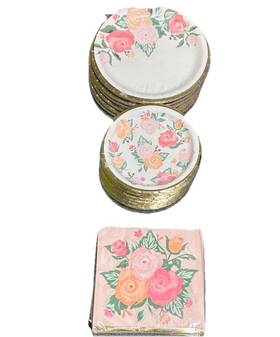 321 Party #35/set 6b/2pc 48pc Bloom Paper Plate Sauce And Napkin Set Heavy Duty Decorative New