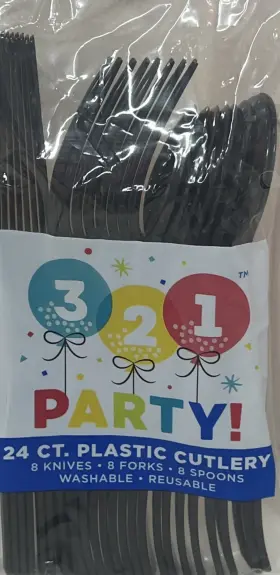 36028 321 Party Assorted Midnight Black Plastic Cutlery 24 Count
