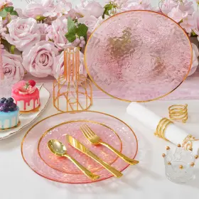72pcs Pink Gold Disposable Plastic Plates 445020472414 With Rim Hammered Party