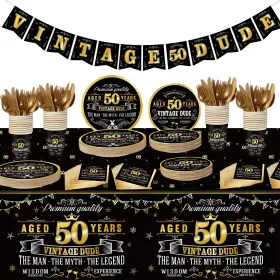 Aburrori 768447223283 183 Pcs 50th Birthday Tableware Set Black Gold Party Supplies For 24