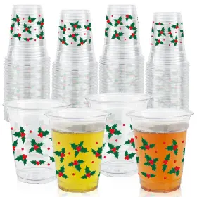 B0dgh11vbf Aburrori 50 Pcs 12oz Christmas Plastic Cups Holly Print Clear Party Supply