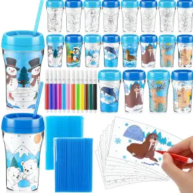 Tur-acellegic-2199 Acellegic 16 Pack Winter Color Your Own Cups 8 Oz Christmas Coloring Cup With Li