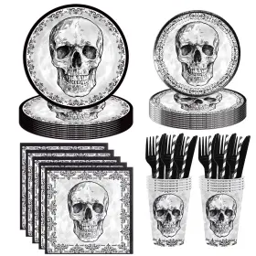 Rg3654 Aciyhn 140pcs Halloween Black Skull Birthday Party Decorations For 20 Guests - Dispo