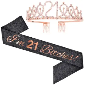 Adbetty 709202347912 Iftm 21 Bitches Sash And Tiara Set Black Glitter/rose Gold Birthday Gifts