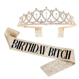 Adbetty 709202348780 Birthday Bitch Sash And Rhinestone Tiara Kit - Gold Glitter Gifts Birt
