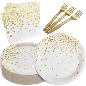 Adrinfly 313042475409 White And Gold Disposable Paper Plates Napkins Set For 35 Guests