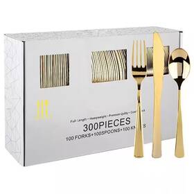 Adrinfly 313093939974 Gold Plastic Silverware Set - 300-pieces Heavy Duty Disposable Cutlery For Parti