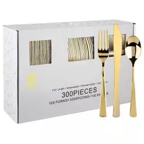 Adrinfly 313093939974 Gold Plastic Silverware Set - 300-pieces Heavy Duty Disposable Cutlery For Parti