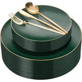Adrinfly 313103726754 Green And Gold Disposable Plastic Plates Silverware Set 150-piece