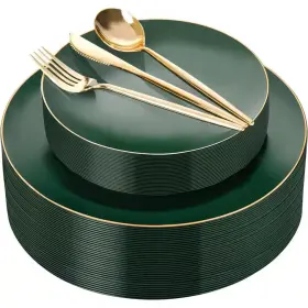 Adrinfly 313103726754 Green And Gold Disposable Plastic Plates Silverware Set 150-piece