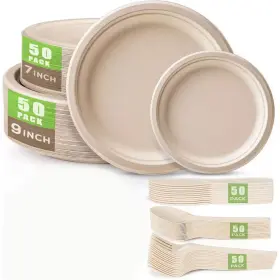Adrinfly 313106250249 250-pieces Compostable Disposable Plates And Utensils Set Eco-friendly Dinnerwa