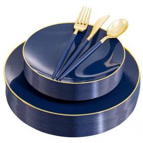 Adrinfly 445007691692 Blue And Gold Disposable Plastic Plates Silverware Set For 30-guests