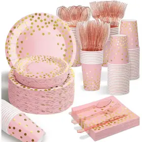 Adrinfly 445038163168 Pink Rose Gold Disposable Party Dinnerware Set 175-piece