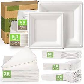 Adrinfly 711181337754 White Disposable Sugarcane Plates And Cutlery Set 300-piece Per Case
