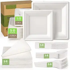Adrinfly 711181337754 White Disposable Sugarcane Plates And Cutlery Set 300-piece Per Case