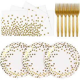 Adrinfly 726084717701 White And Gold Dot Disposable Party Dinnerware Set 75 Pcs