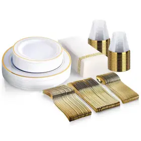 Adrinfly 744110350753 Gold Disposable Dinnerware Set - 175-piece Plastic Plates Silverware Cups Nap
