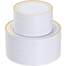 Adrinfly 744759799203 Gold Disposable Plastic Plates 200-pack 100-dinner And 100-dessert