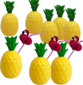 Agg 705353342585 12-pack Plastic Pineapple Cups With Flamingo Straws Hawaiian Party Luau Al