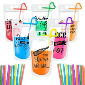 Ahkunmt 768788343879 48pc Drink Pouches With Straws Stand-up Plastic Bags Zipper Party Beverage