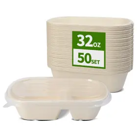 Aichef 797430141532 50 Pack Large 2 Compartment Paper Bowls With Lids Divider Food Contai