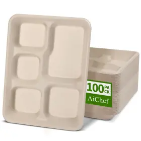 Aichef 797430142041 5 Compartment Paper Plates 100 Pack 10 X 8 Inch Disposable Lunch Trays Divi