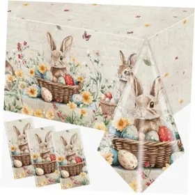 Aidehua 717639869549 3pcs Vintage Easter Tablecloth Bunny Birthday Decorations Party Supplies