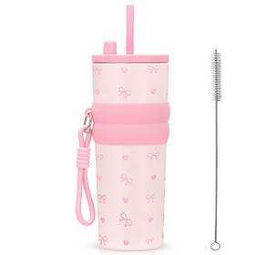 Aiheart 789537618208 24oz Insulated Tumbler With Straw Stainless Steel 24 Ounces Bow