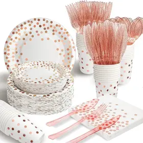 Aire 728062238574 175 Pcs White Rose Gold Plates And Napkins Party Supplies Serves 25