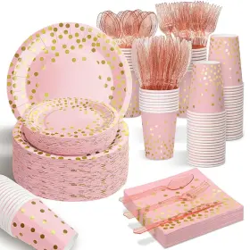Aire 768490699851 175pcs Pink Rose Gold Plates Napkins Party Supplies Severs 25 Disposable Par