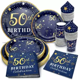 Algpty 755621332695 50th Birthday Decorations Plates And Napkins Blue Gold Service Fo