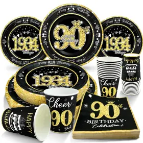 Algpty 768399175715 90th Birthday Decorations Black And Gold Service For 30 Vintage