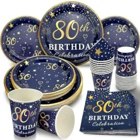 Algpty 768399176347 80th Birthday Decorations Plates And Napkins Blue Gold Service For