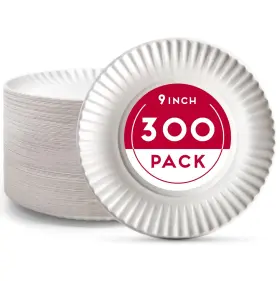 Alitte 617513081367 9inch Disposable Paper Plates 300 Count Bulk Pack Of Uncoated For E