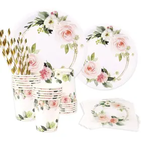 All Ewired Up 745809818530 Floral Paper Plates 24 Guests Dinner Dessert Cups Gold Pap