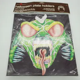 Ch-326 American Greetings Vtg 1986 Halloween 8-pk Paper Plates And Holders Scary Lizard