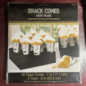 Amscan 013051803728 Snack Cones 40 Paper Holders 2 Trays Black Gold Congrats Graduation Nip