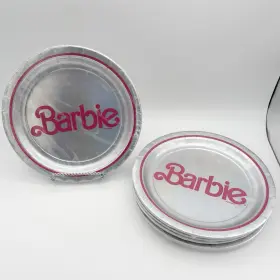Amscan 192937405659 40 Ct Malibu Barbie 9 Inch Round Metallic Paper Plates Pink Silver Foil Party Decor