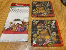 511554 Amscan Super Mario Bros Luncheon Napkins 32 Total And A Granmark Plastic Tablecloth