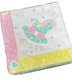 519151 Amscan Vtg 90s Baby Shower Napkins Rocking Horse Party Paper Luncheon Pastel Hearts