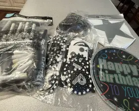 551566 Amscan Lot Happy Birthday 9 Inch Paper Plates 5 Silver Stars Hats Banner & 50 Horns