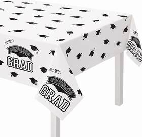Amscan 573137 Congrats Grad Inch Reusable Plastic Table Cover Black/white 54x102