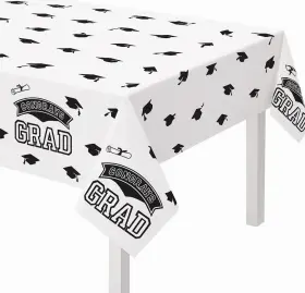 573137 Amscan Congrats Grad Inch Reusable Plastic Table Cover Black/white 54x102