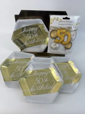 550628 Amscan Anagram 40 Gold White 50th Birthday Plates And 6 Balloon Bouquet Set New