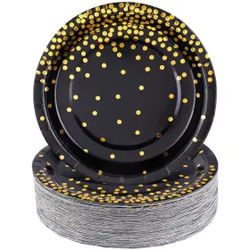 An4563 Aneco 100 Pieces 7 Inches Black And Gold Paper Plates Foil Dot Dessert Par