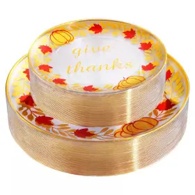 Anqtovp 313055051027 60-piece Clear Gold Plastic Thanksgiving Dinner Plates Set With Red Stripes For